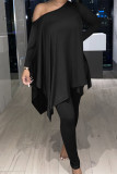 Red Fashion Casual Solid Asymmetrical Oblique Collar Long Sleeve Two Pieces