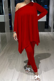 Red Fashion Casual Solid Asymmetrical Oblique Collar Long Sleeve Two Pieces