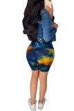 Dark Blue Fashion Casual adult Ma'am Print Tie Dye Two Piece Suits pencil Short Sleeve Two Pieces