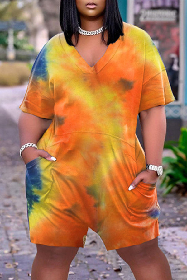 Orange Fashion Casual Tie Dye Printing V Neck Regular Romper