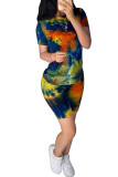 Dark Blue Fashion Casual adult Ma'am Print Tie Dye Two Piece Suits pencil Short Sleeve Two Pieces