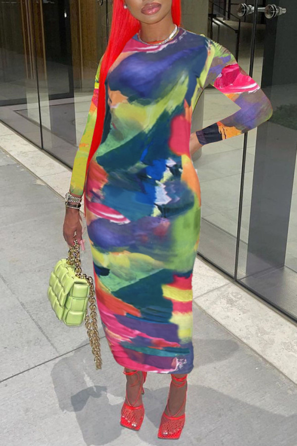 Multi-color Sexy Print Patchwork O Neck Pencil Skirt Dresses