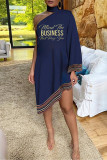 Tibetan Blue Fashion Casual Print Patchwork Halter Long Sleeve Irregular Dress
