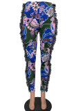 Red Street Print Tassel Patchwork Skinny High Waist Pencil Full Print Bottoms