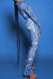 Blue Sexy Print Patchwork Turtleneck Long Sleeve Two Pieces