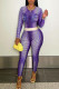 Purple Street Print Patchwork O Neck Long Sleeve Two Pieces