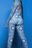 Blue Sexy Print Patchwork Turtleneck Long Sleeve Two Pieces