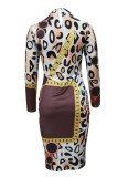 Brownness Casual Print Patchwork O Neck A Line Dresses