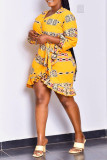 Yellow Fashion Casual Print Bandage V Neck Irregular Dress