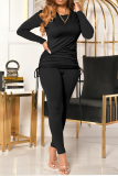 Red Casual Solid Draw String O Neck Long Sleeve Two Pieces
