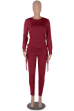 Red Casual Solid Draw String O Neck Long Sleeve Two Pieces