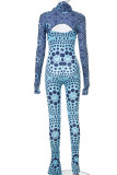Blue Sexy Print Patchwork Turtleneck Long Sleeve Two Pieces