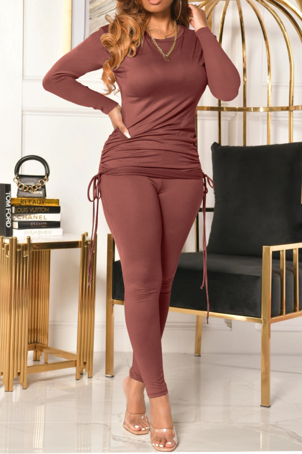 Khaki Casual Solid Draw String O Neck Long Sleeve Two Pieces