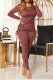 Khaki Casual Solid Draw String O Neck Long Sleeve Two Pieces