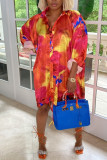 Red Casual Print Patchwork Buckle Shirt Dress Dresses
