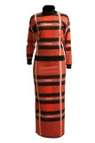 Tangerine Red Fashion Casual Print Basic O Neck Long Sleeve Two Pieces