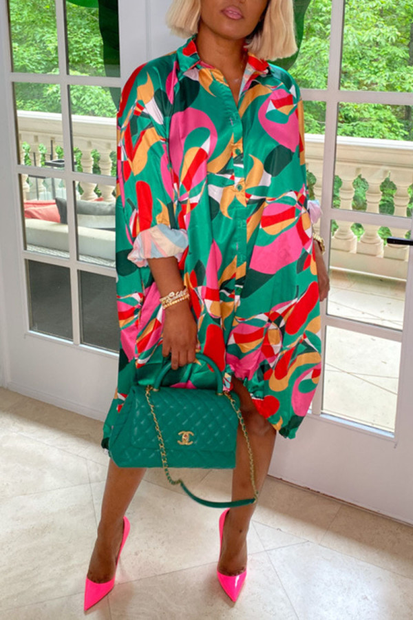 Green Casual Print Patchwork Buckle Shirt Dress Dresses