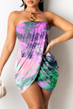 Rose Red Sexy Print Patchwork Strapless Pencil Skirt Dresses