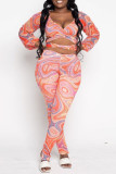 Pink Fashion Sexy Print Patchwork V Neck Long Sleeve Two Pieces pre-sale