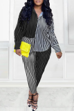 Blue Casual Striped Patchwork Turndown Collar Long Sleeve Two Pieces