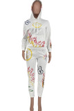 White Street Print Patchwork Hooded Collar Long Sleeve Two Pieces