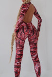 Blue Sexy Print Hollowed Out Patchwork Backless O Neck Skinny Jumpsuits