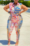 Red Fashion Sexy Casual Print Basic Turndown Collar Sleeveless Two Pieces