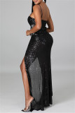 Apricot Sexy Patchwork Sequins Backless Beading Spaghetti Strap Evening Dress
