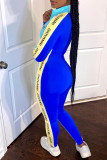 Sky Blue Casual Letter Print Patchwork Zipper Collar Skinny Jumpsuits