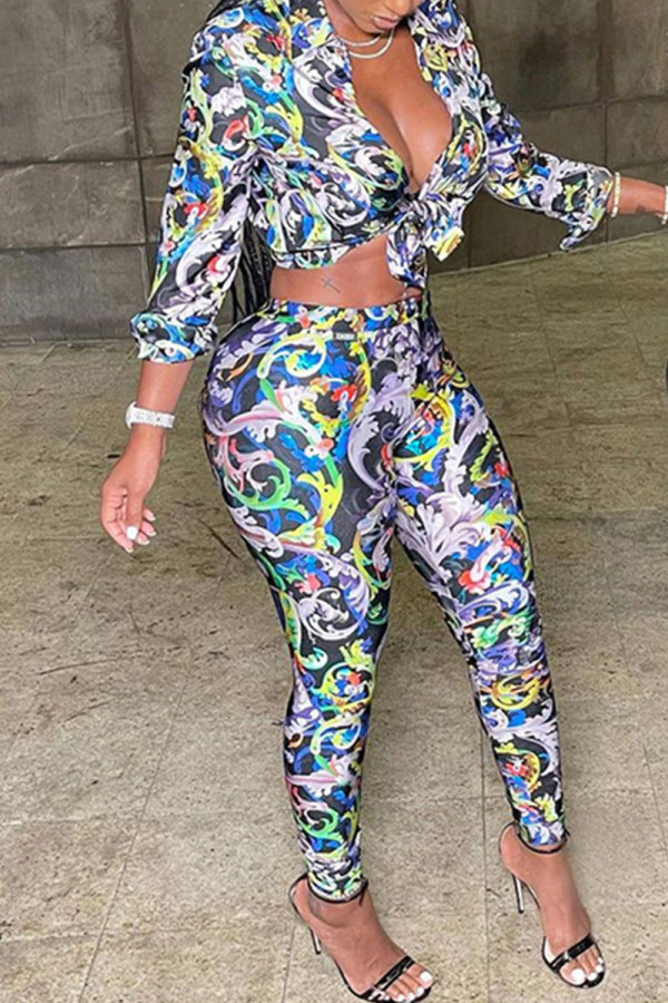 Multicolor Sexy Print Patchwork Asymmetrical Turndown Collar Long Sleeve Two Pieces
