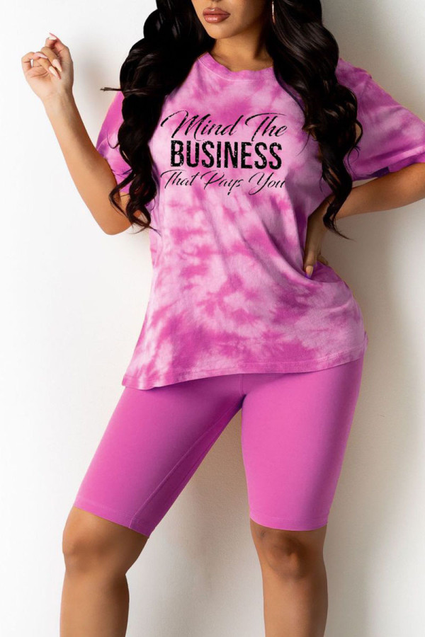 Pink Casual Print Patchwork O Neck Short Sleeve Two Pieces
