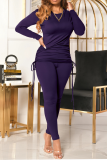 Purple Casual Solid Draw String O Neck Long Sleeve Two Pieces