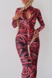 Blue Sexy Print Hollowed Out Patchwork Backless O Neck Skinny Jumpsuits