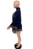 Tibetan Blue Fashion Casual Print Patchwork Halter Long Sleeve Irregular Dress
