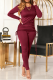 Burgundy Casual Solid Draw String O Neck Long Sleeve Two Pieces