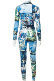 Blue Casual Print Patchwork Buckle Turtleneck Long Sleeve Two Pieces