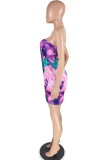 Rose Red Sexy Print Patchwork Strapless Pencil Skirt Dresses