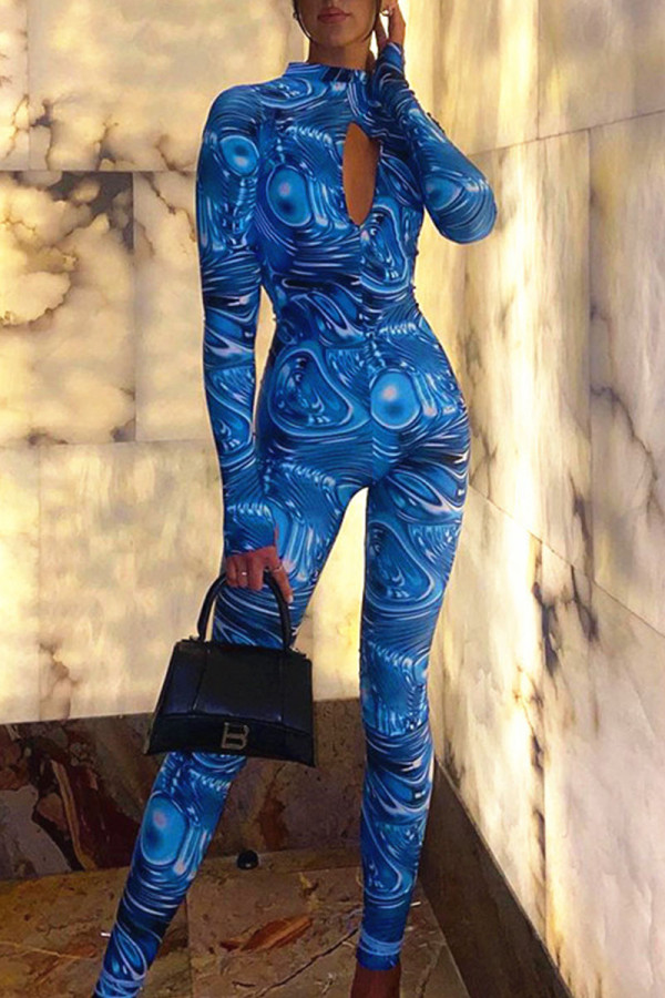Blue Sexy Print Hollowed Out Patchwork Backless O Neck Skinny Jumpsuits