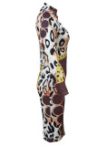 Brownness Casual Print Patchwork O Neck A Line Dresses
