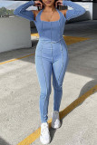Blue Casual Solid Hollowed Out Patchwork Backless Halter Jumpsuits