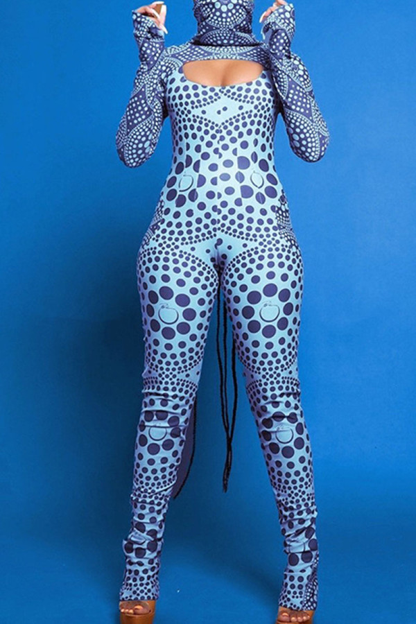 Blue Sexy Print Patchwork Turtleneck Long Sleeve Two Pieces