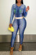 Blue Street Print Patchwork O Neck Long Sleeve Two Pieces