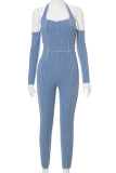 Blue Casual Solid Hollowed Out Patchwork Backless Halter Jumpsuits