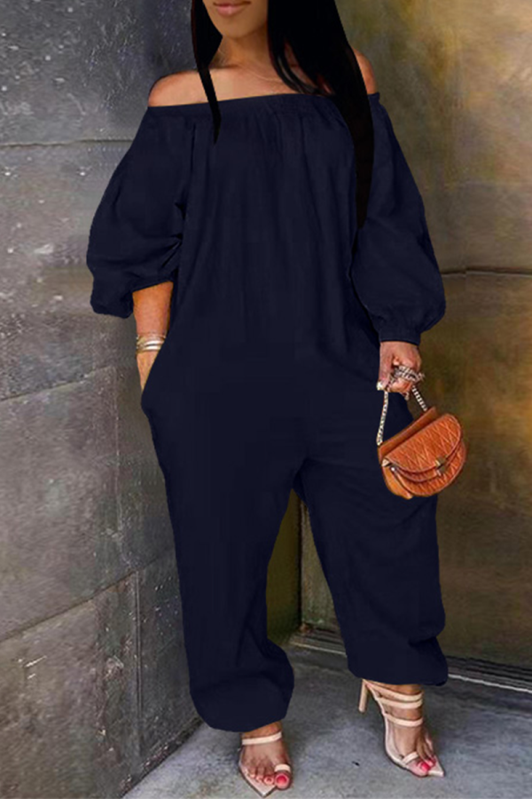 Tibetan Blue Casual Solid Patchwork Off the Shoulder Harlan Jumpsuits
