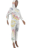 White Street Print Patchwork Hooded Collar Long Sleeve Two Pieces