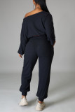 Deep Blue Fashion Casual Solid Bandage Off the Shoulder Long Sleeve Two Pieces