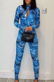 Blue Sexy Print Hollowed Out Patchwork Backless O Neck Skinny Jumpsuits