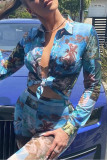 Blue Casual Print Patchwork Buckle Turtleneck Long Sleeve Two Pieces