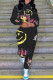 Black Street Print Patchwork Hooded Collar Long Sleeve Two Pieces