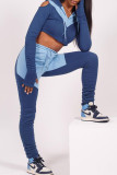 Blue Casual Solid Hollowed Out Patchwork Hooded Collar Long Sleeve Two Pieces